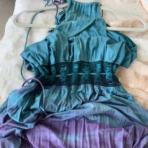 Michelle Jonas Tie Dye Halter Maxi With Crochet